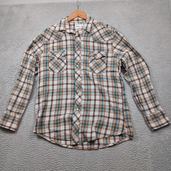 Wrangler Shirt Mens Large Brown Teal Plaid Western Pearl Snap Long Sleeve Cowboy - Picture 1 of 6